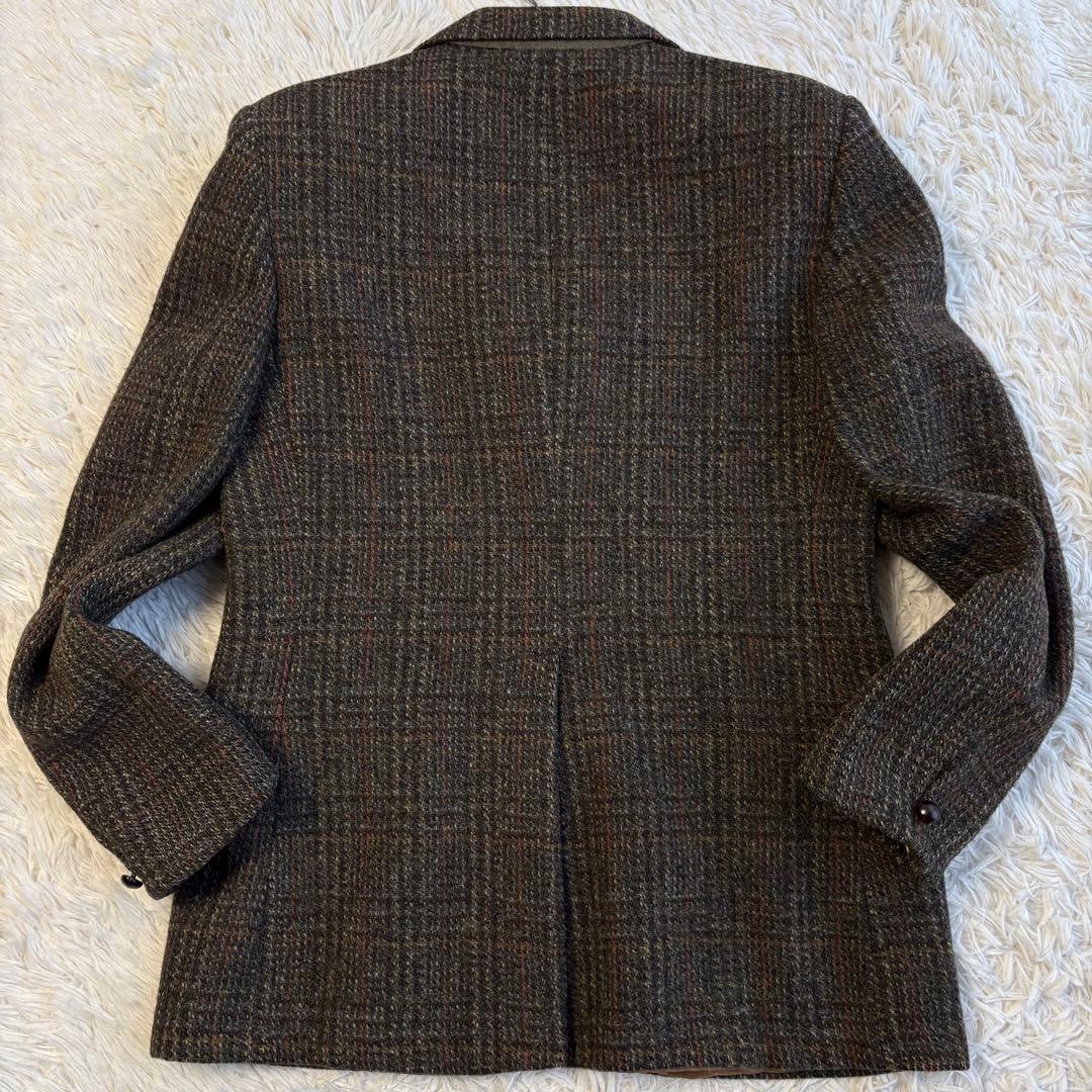ハリスツイード テーラードジャケット くるみボタン チェック ブラウン