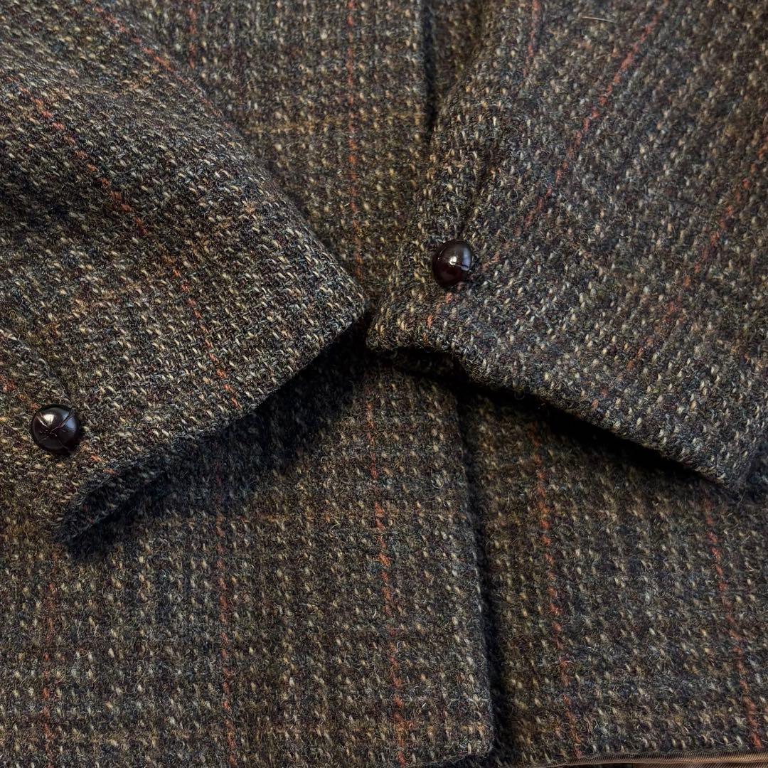 ハリスツイード テーラードジャケット くるみボタン チェック ブラウン