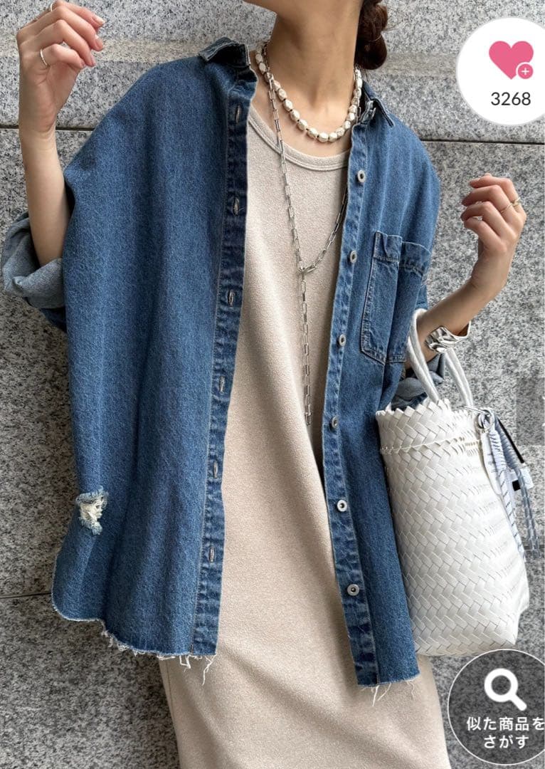 あんこ　ドゥドゥ　人気カラー　ダメージデニムシャツ ブルー