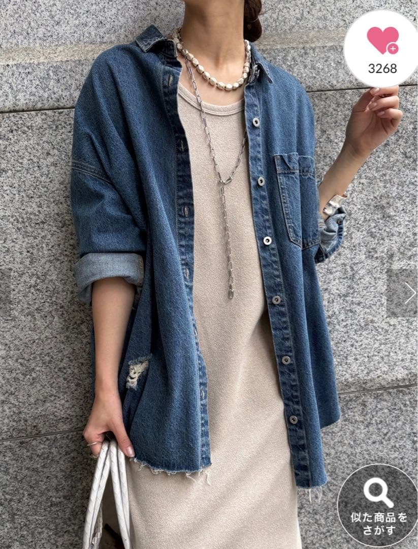 あんこ　ドゥドゥ　人気カラー　ダメージデニムシャツ ブルー