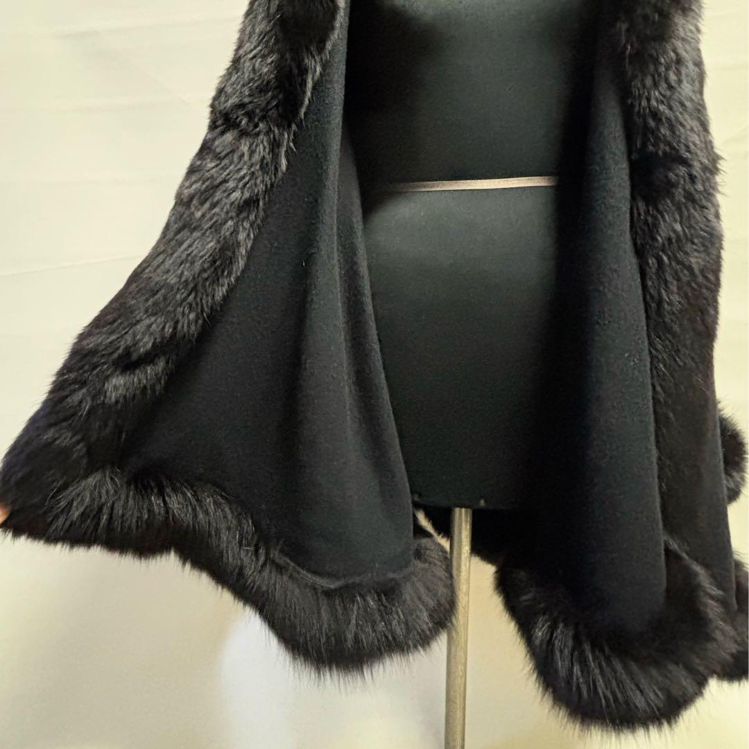 カシミヤケープマント フォックストリミング ロング丈 ブラック レディース