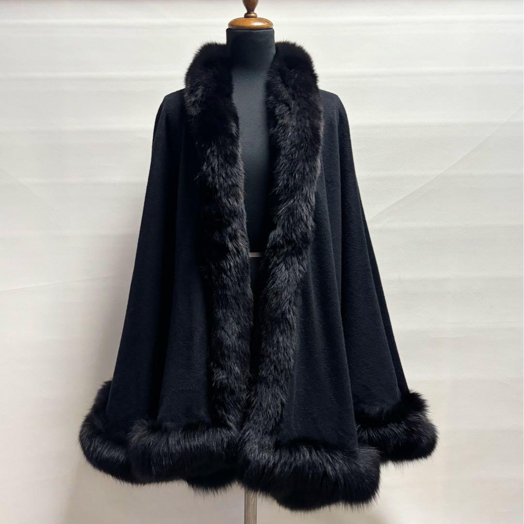 カシミヤケープマント フォックストリミング ロング丈 ブラック レディース