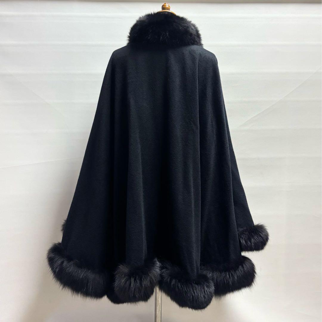 カシミヤケープマント フォックストリミング ロング丈 ブラック レディース