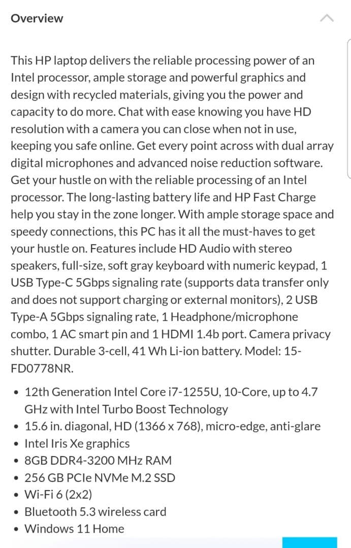 HP ノートPC i7 12th Gen hp15-fd0778nr