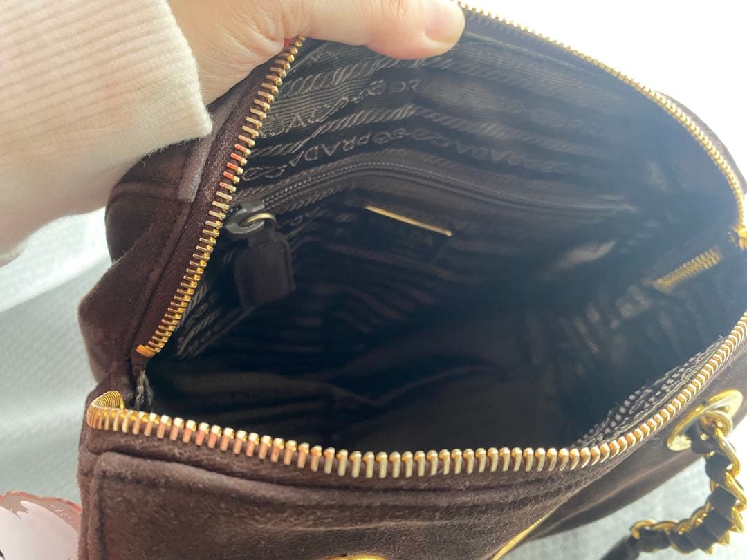 美品　PRADA プラダ チェーンバック　ハンドバッグ　スエード　ブラウン