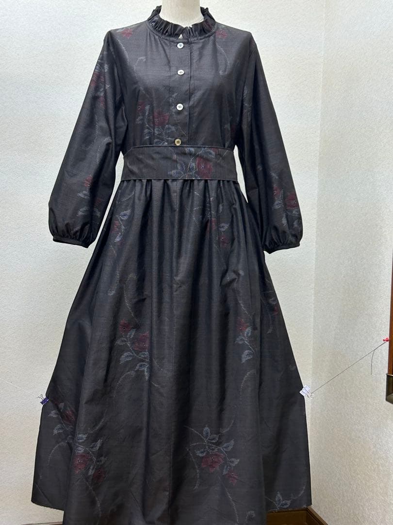 着物リメイク　大島紬ワンピース　前ボタン Lサイズ