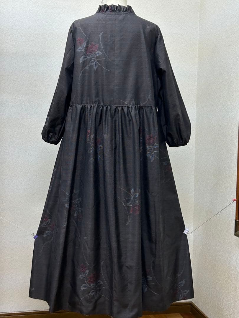 着物リメイク　大島紬ワンピース　前ボタン Lサイズ