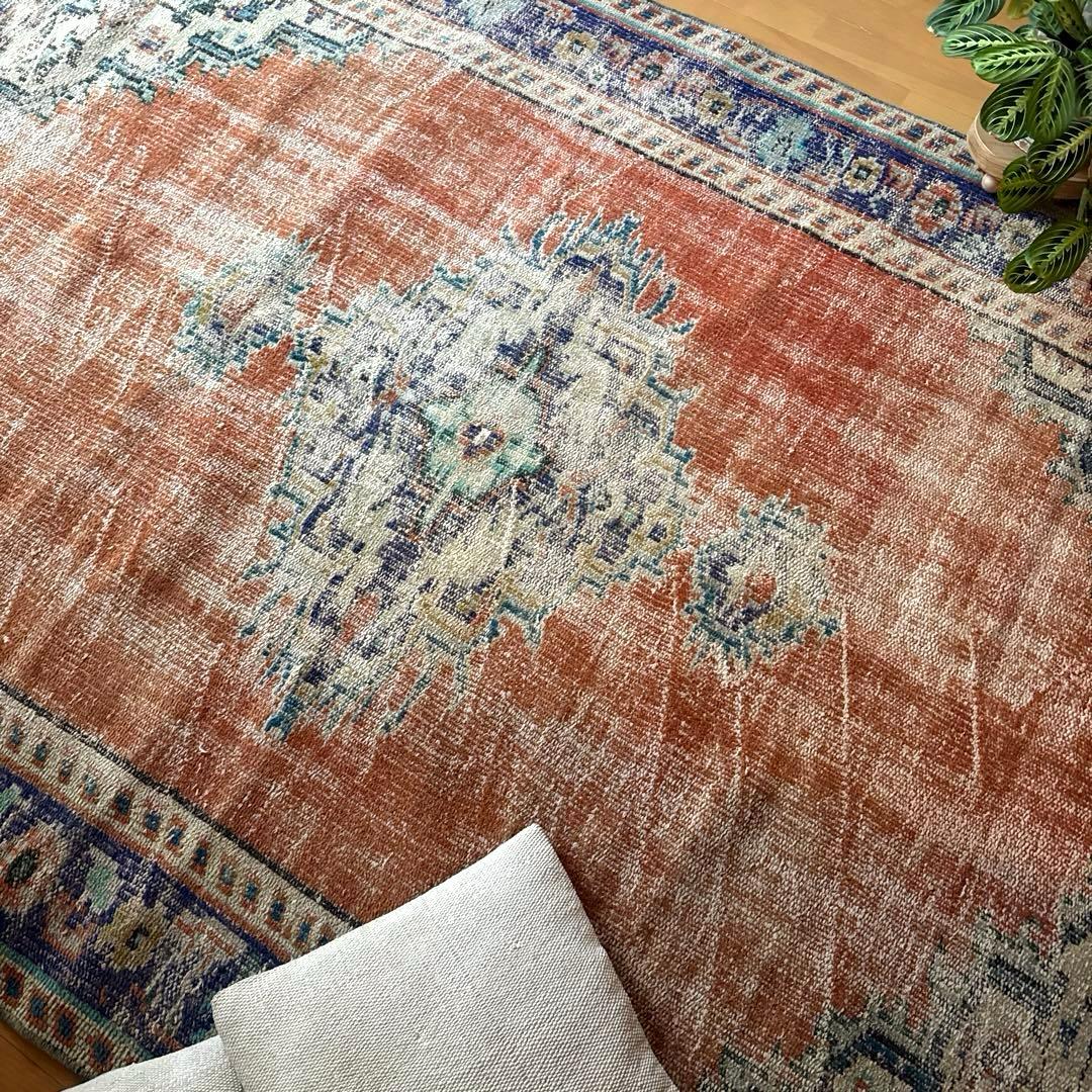 大判162×227 夕焼けオレンジ　貴重　メダリオン　トルコヴィンテージラグ