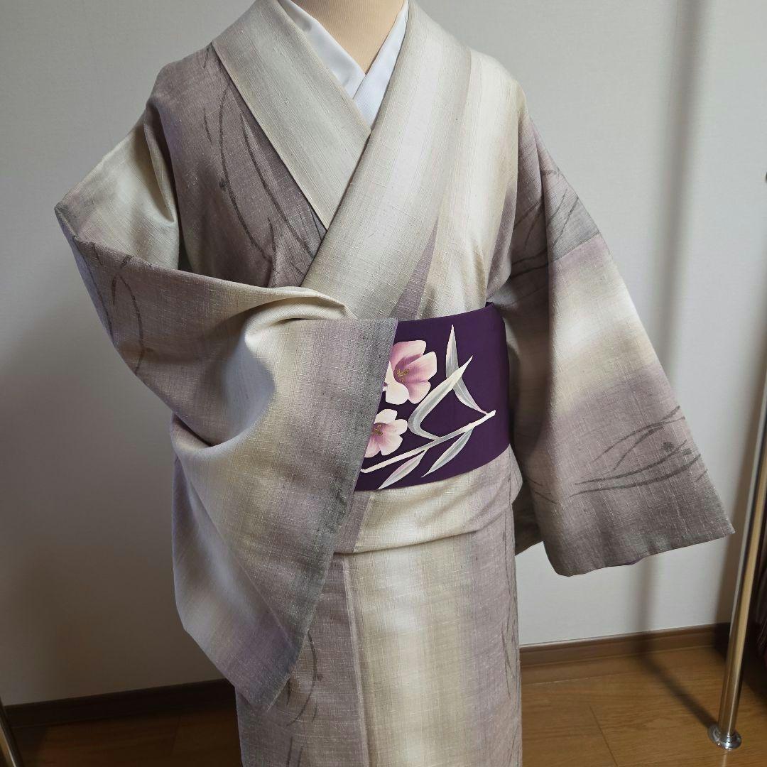 手織り創作民芸紬　たてわく露芝柄　4段ぼかし　しつけ付7512