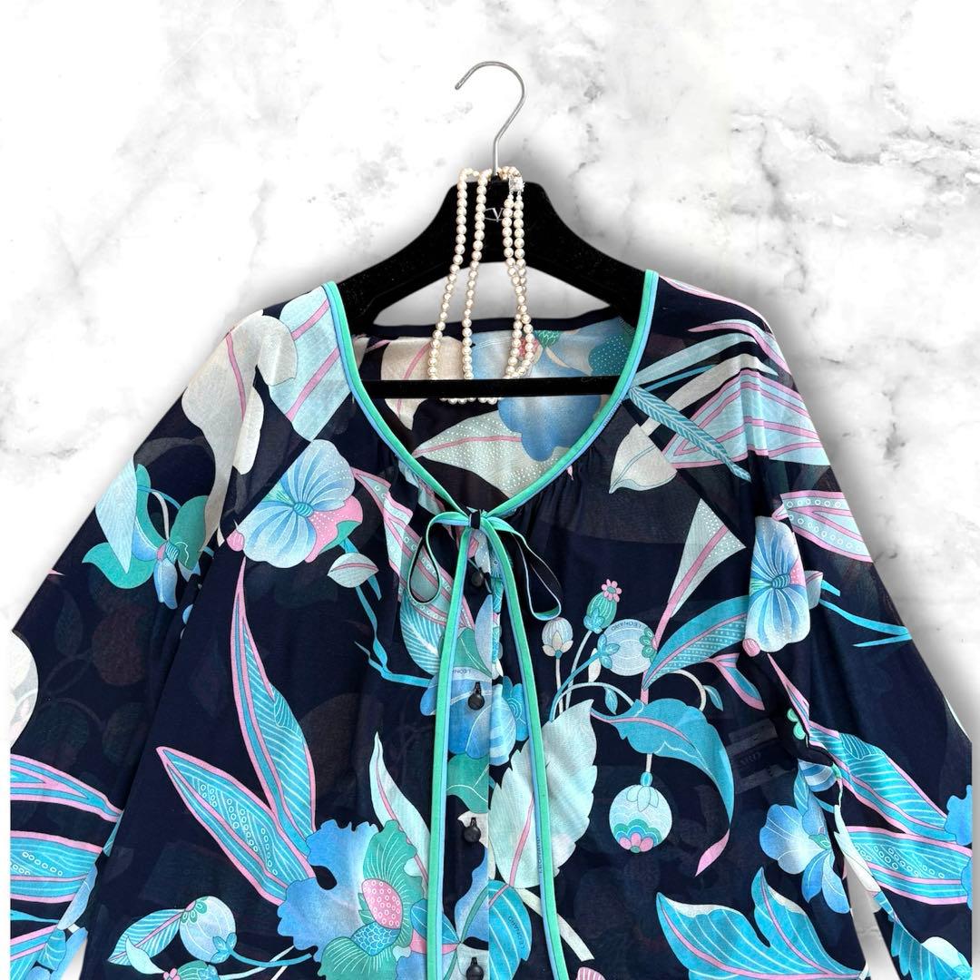 極美品✨LEONARD レオナール シアー 花柄 ブラウス ネイビー 42