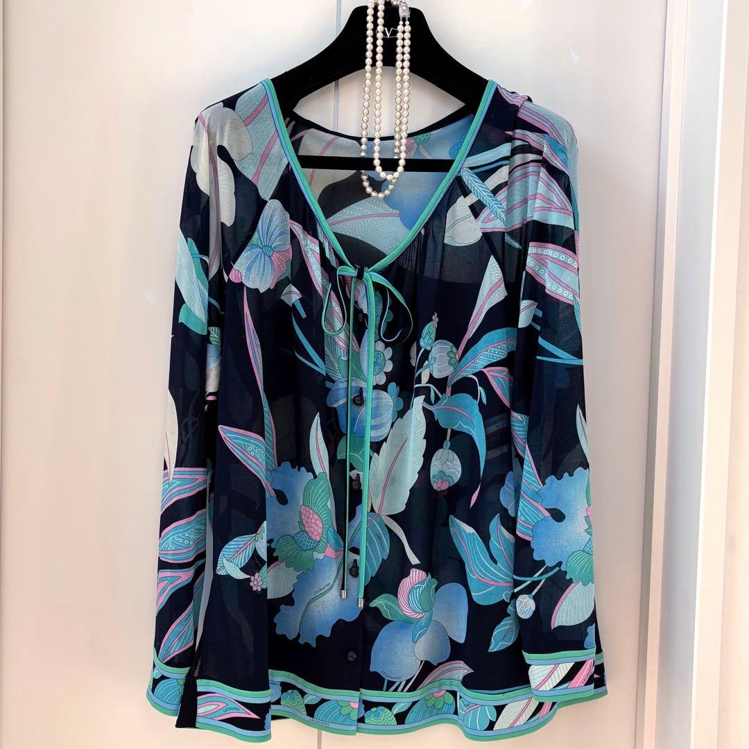 極美品✨LEONARD レオナール シアー 花柄 ブラウス ネイビー 42