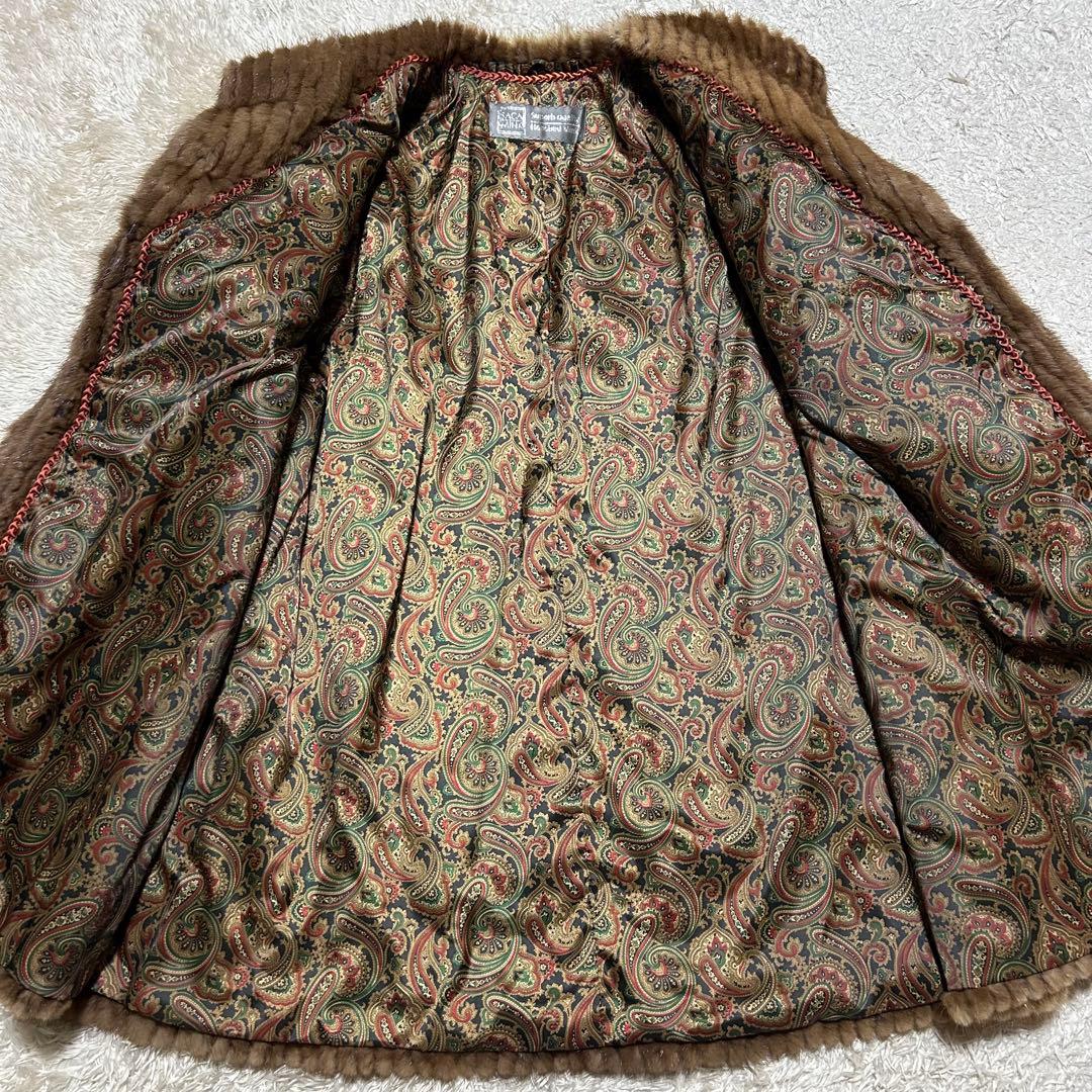 サガミンク 毛皮コート ブラウン系 LLサイズ ロング丈 ペイズリー裏地