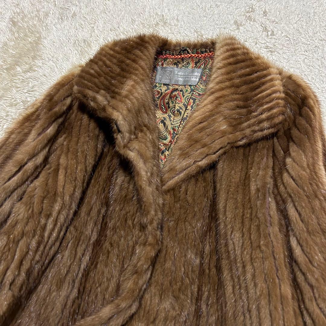 サガミンク 毛皮コート ブラウン系 LLサイズ ロング丈 ペイズリー裏地