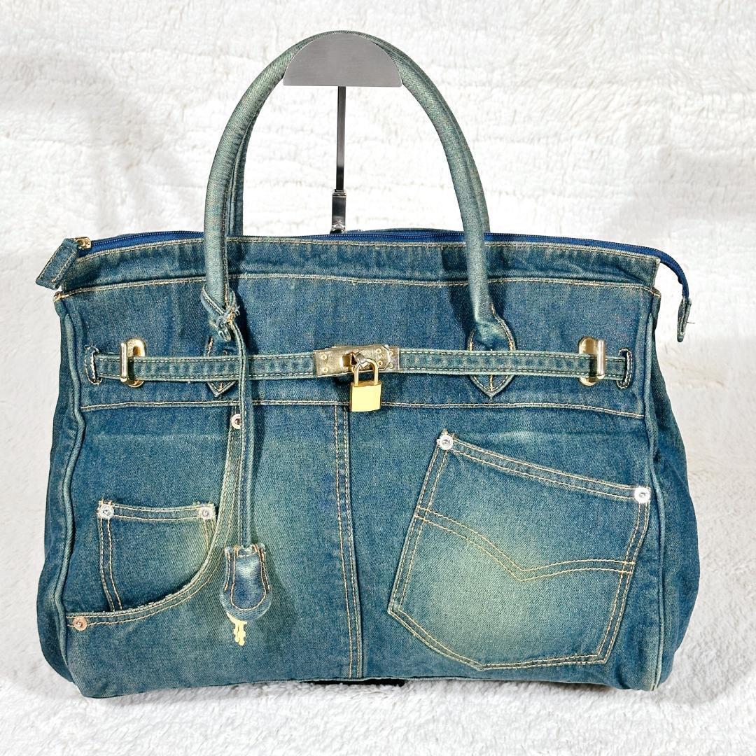 デニム ハンドバッグ ベルト リメイク ジーンズ 豹柄 鍵付 南京錠