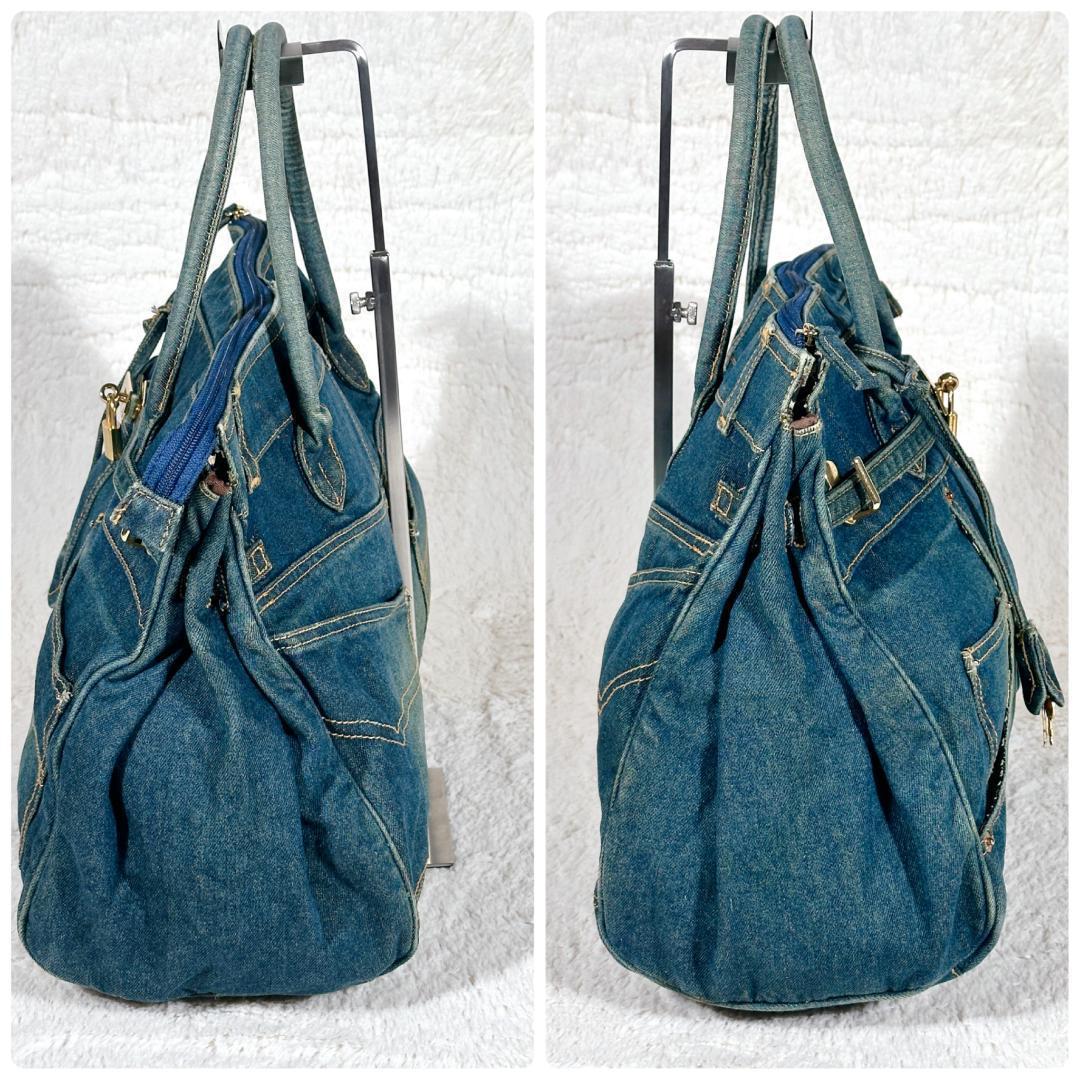 デニム ハンドバッグ ベルト リメイク ジーンズ 豹柄 鍵付 南京錠