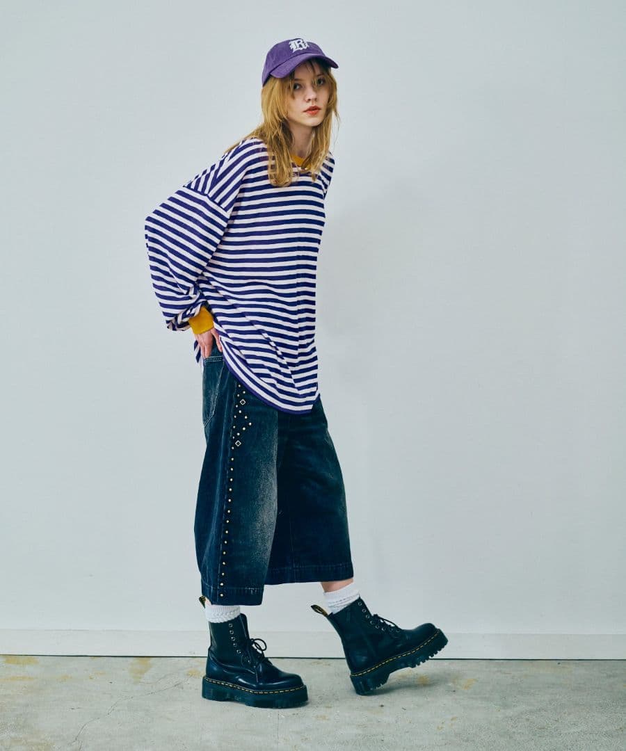 お値下げ最終今季RNA★スタッズラインルーズカットレングスパンツ