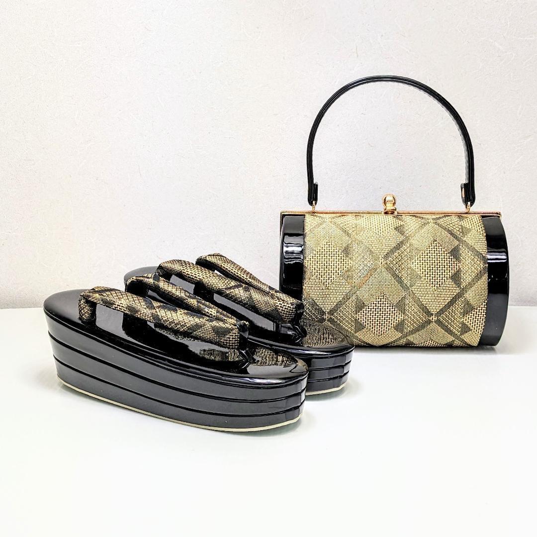 和装 草履バッグセット 帯地 黒×金 3枚芯 フリーサイズ k15-17