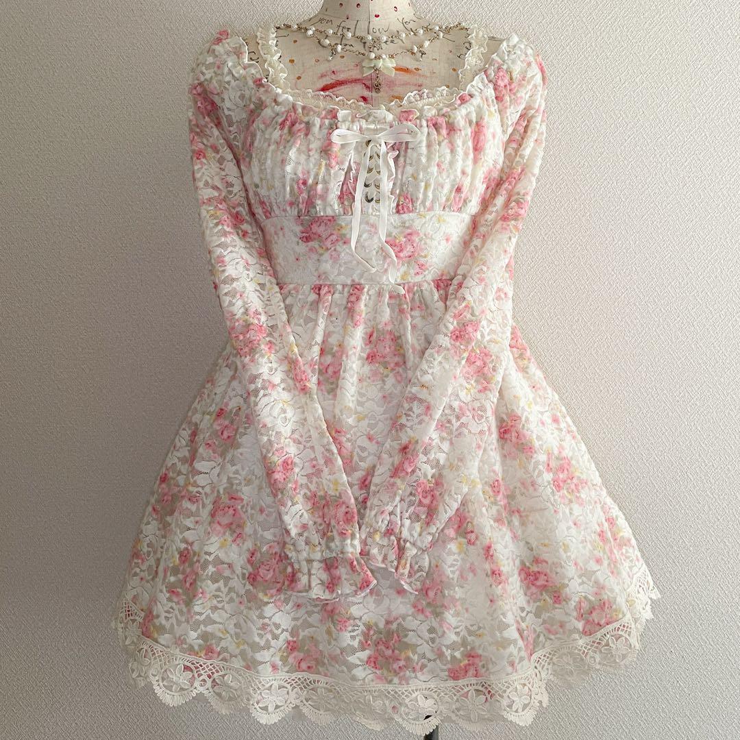 00s 希少 LIZLISA 起毛パワネ総レースオフショルローズワンピ 姫ロリ