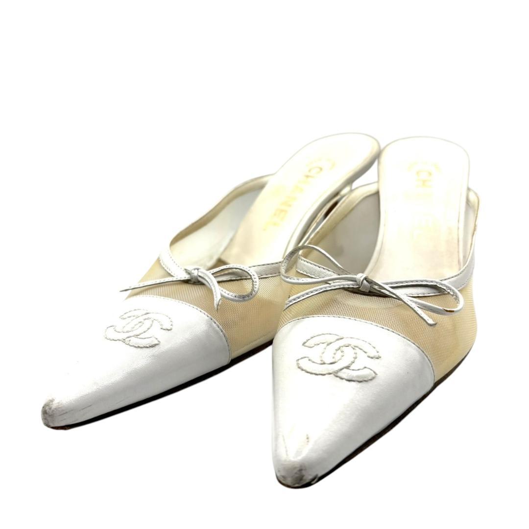 シャネル CHANEL 白 ミュール メッシュ ココマーク