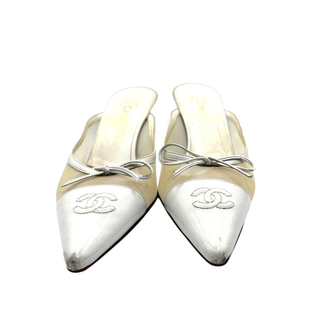 シャネル CHANEL 白 ミュール メッシュ ココマーク