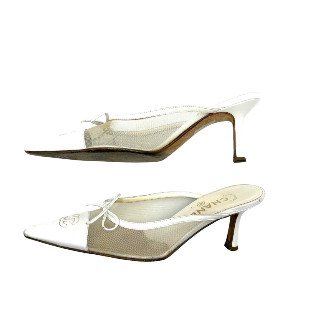 シャネル CHANEL 白 ミュール メッシュ ココマーク