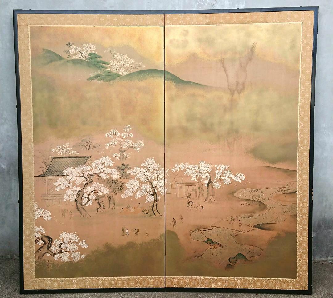 稀少 狩野常信筆 『芳野図屏風』 屏風 二枚折 フランクリン画廊 限定複製画