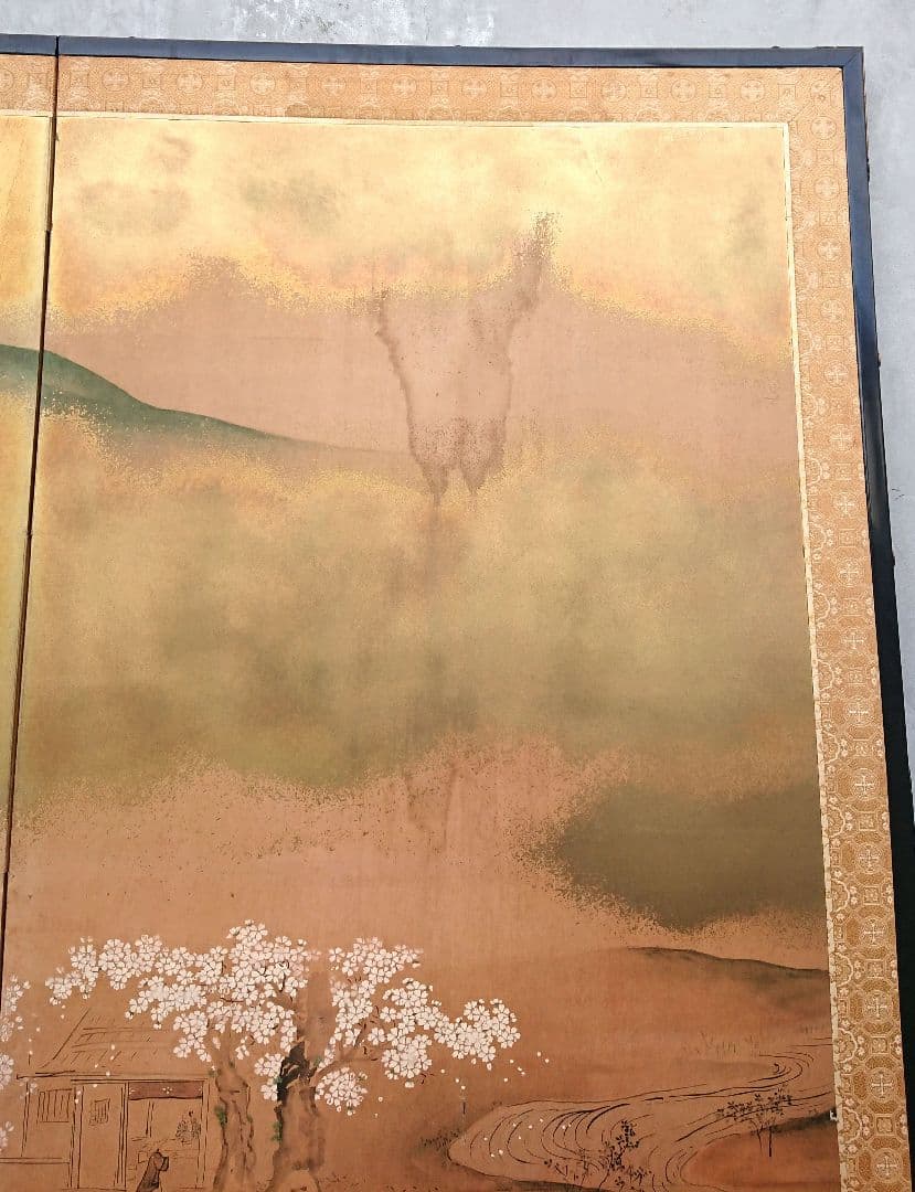 稀少 狩野常信筆 『芳野図屏風』 屏風 二枚折 フランクリン画廊 限定複製画