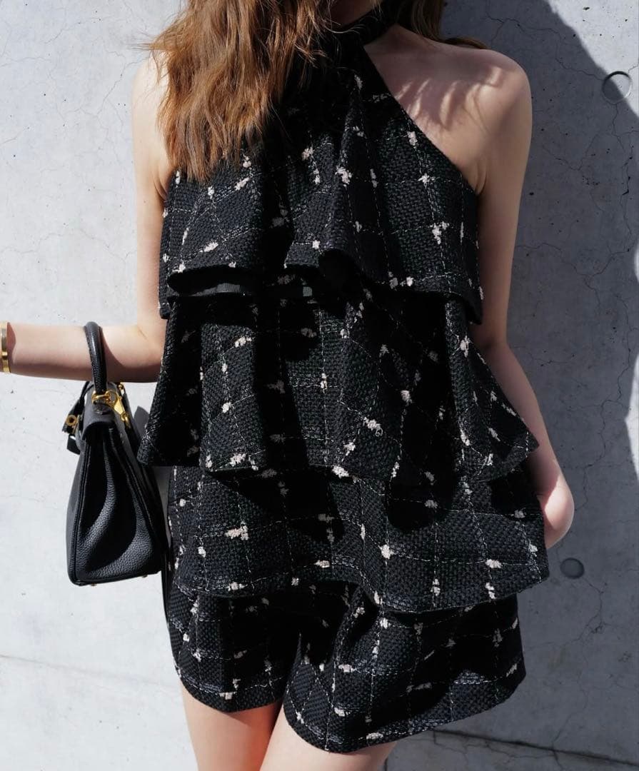 candy check tweed ruffle frill tops シェリエ