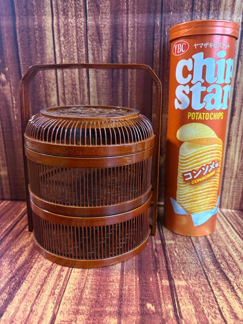 竹籠　蓋付二段重籠　竹細工　昭和レトロ　古道具 茶道具　漆器 菓子器