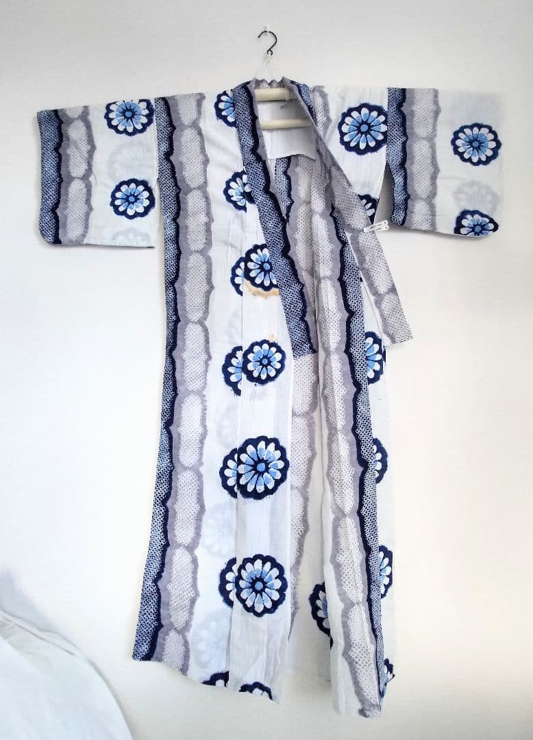 浴衣有松絞り白藍色灰色縦縞花柄ホワイトネイビーグレー紺色単衣木綿着物マーガレット