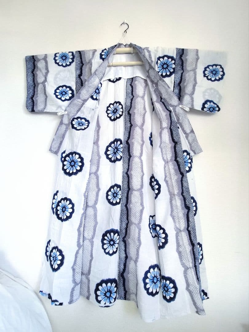 浴衣有松絞り白藍色灰色縦縞花柄ホワイトネイビーグレー紺色単衣木綿着物マーガレット