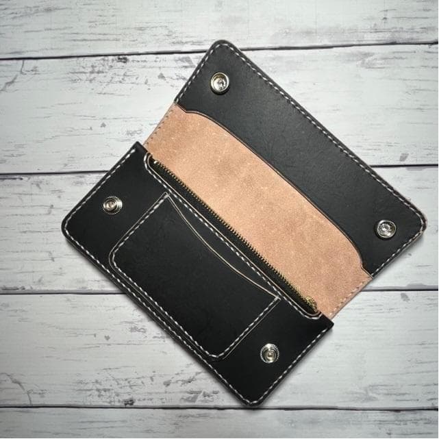 あ、 ロングトラッカーウォレット/姫路レザー茶芯黒色/ステッチ白色