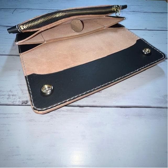 あ、 ロングトラッカーウォレット/姫路レザー茶芯黒色/ステッチ白色