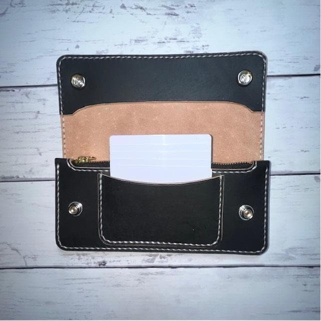 あ、 ロングトラッカーウォレット/姫路レザー茶芯黒色/ステッチ白色