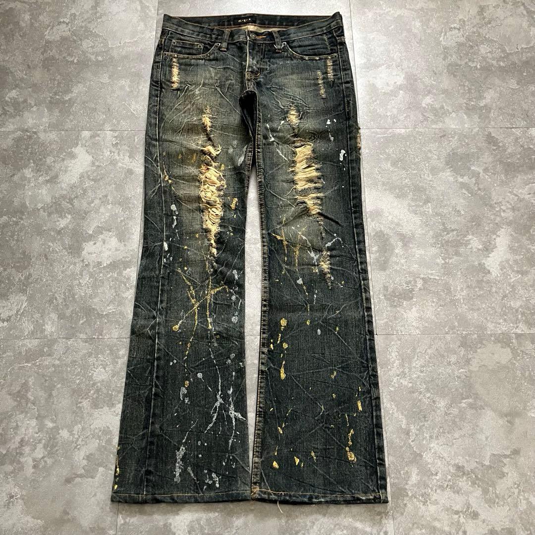 00s destroyed paint flare denim Y2Kクラッシュ