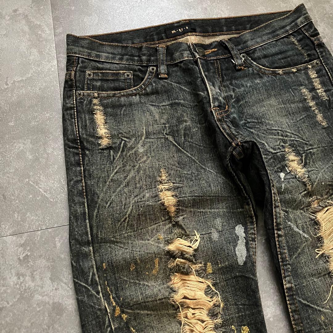 00s destroyed paint flare denim Y2Kクラッシュ