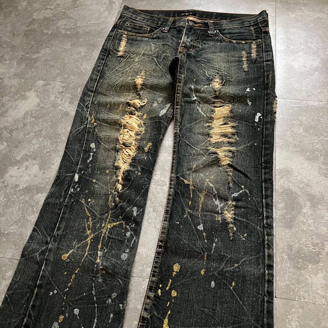 00s destroyed paint flare denim Y2Kクラッシュ