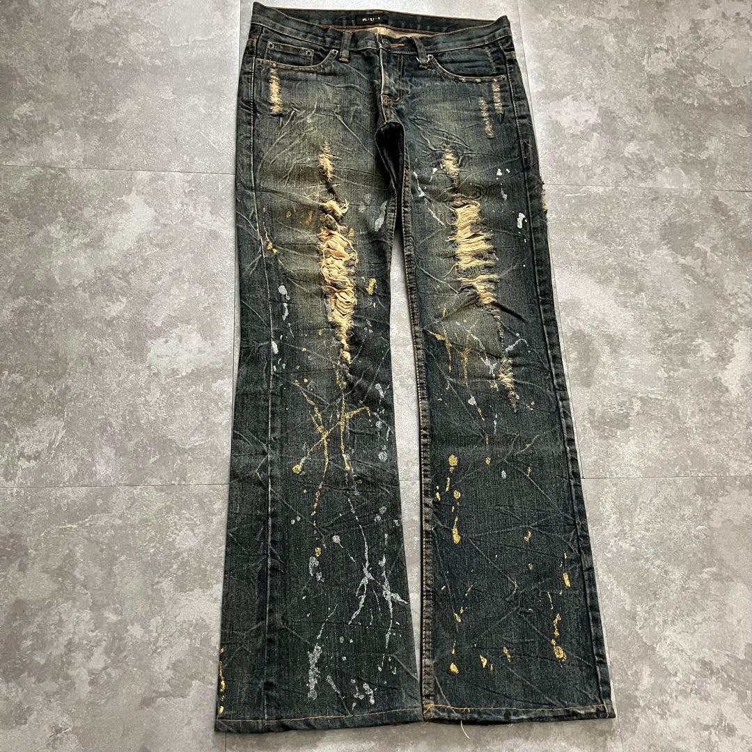 00s destroyed paint flare denim Y2Kクラッシュ