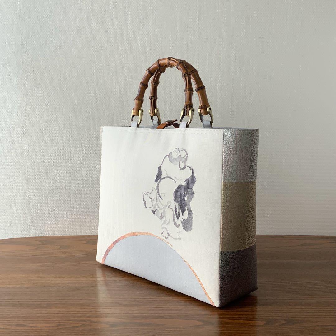 袋帯　袋の上の布袋様　リメイク　バンブーハンドルバッグ