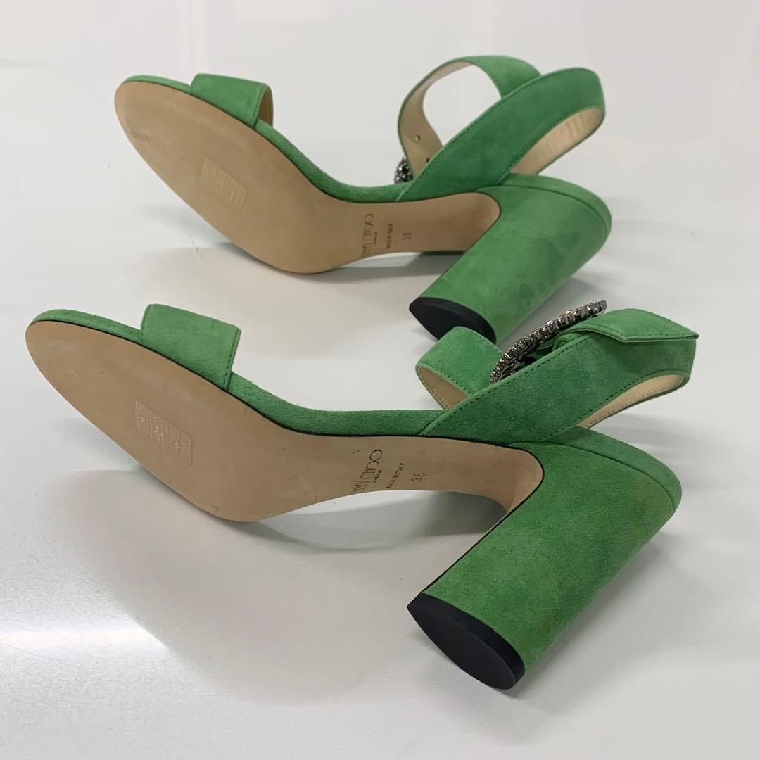 ジミーチュウ スエード ビジュー ストラップ サンダル ライトグリーン