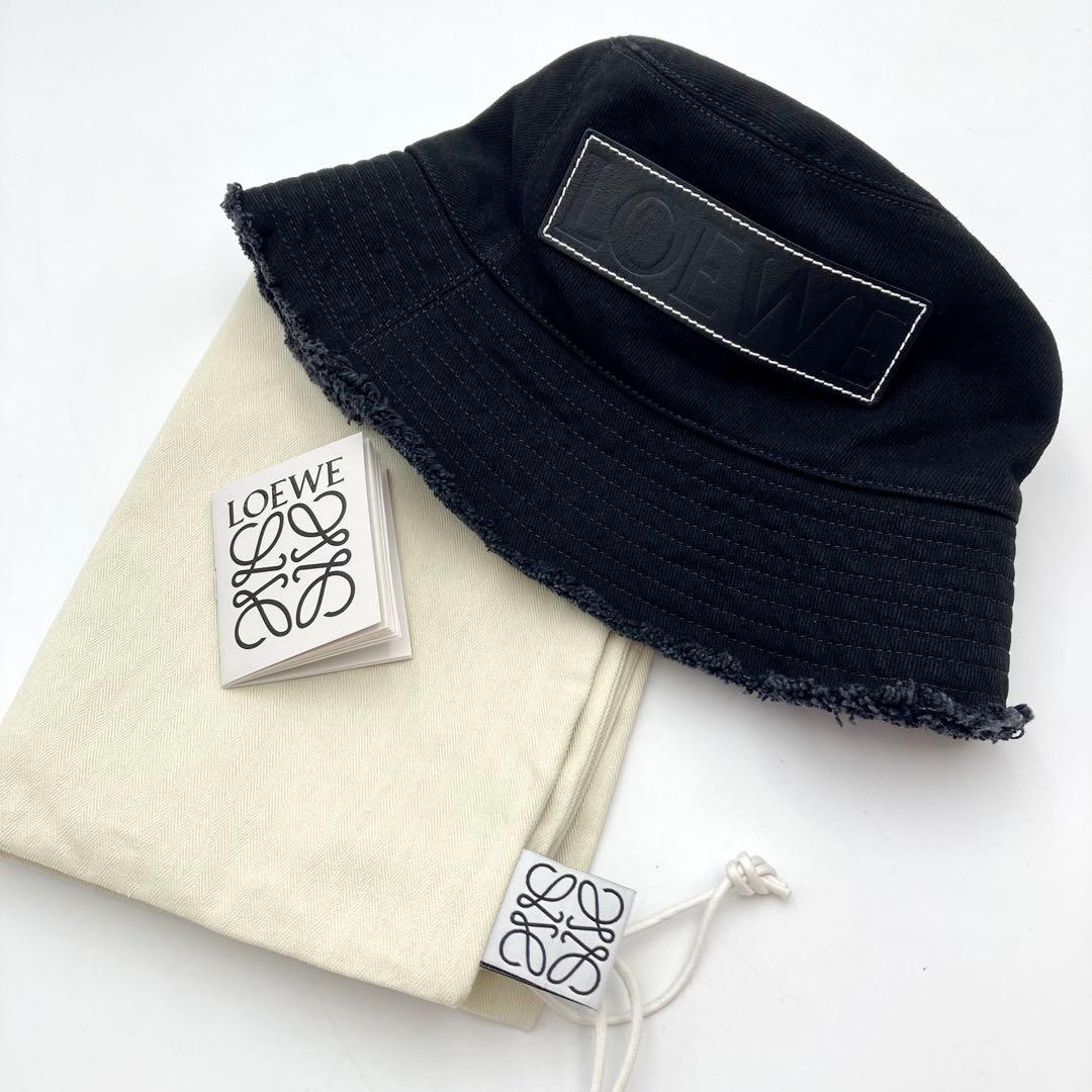 IZU✨ LOEWE バケットハット 帽子 レザーパッチ 黒 57 デニム