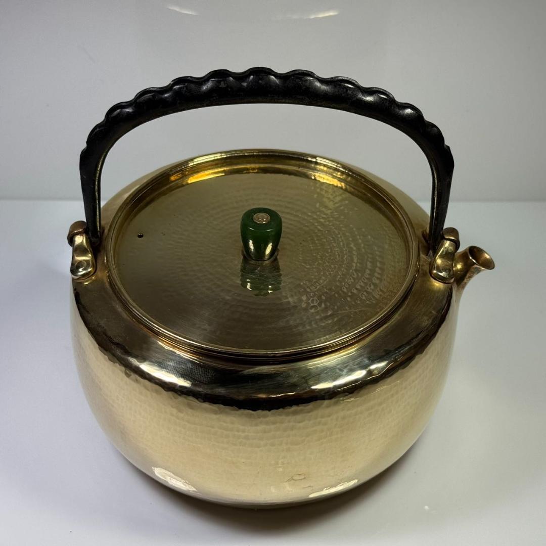 純銀製 北村静香造 槌目 金メッキ仕上げ 貴石摘 豆莢鉄手 湯沸 古美術品 銀瓶