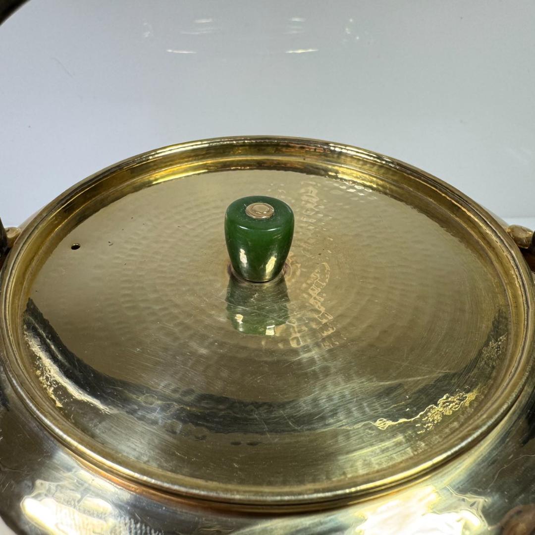 純銀製 北村静香造 槌目 金メッキ仕上げ 貴石摘 豆莢鉄手 湯沸 古美術品 銀瓶