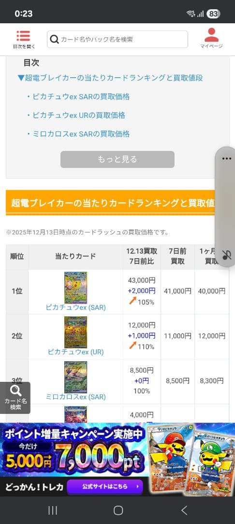 最安、本日相場⤴️ピカチュウEX SAR 152/106