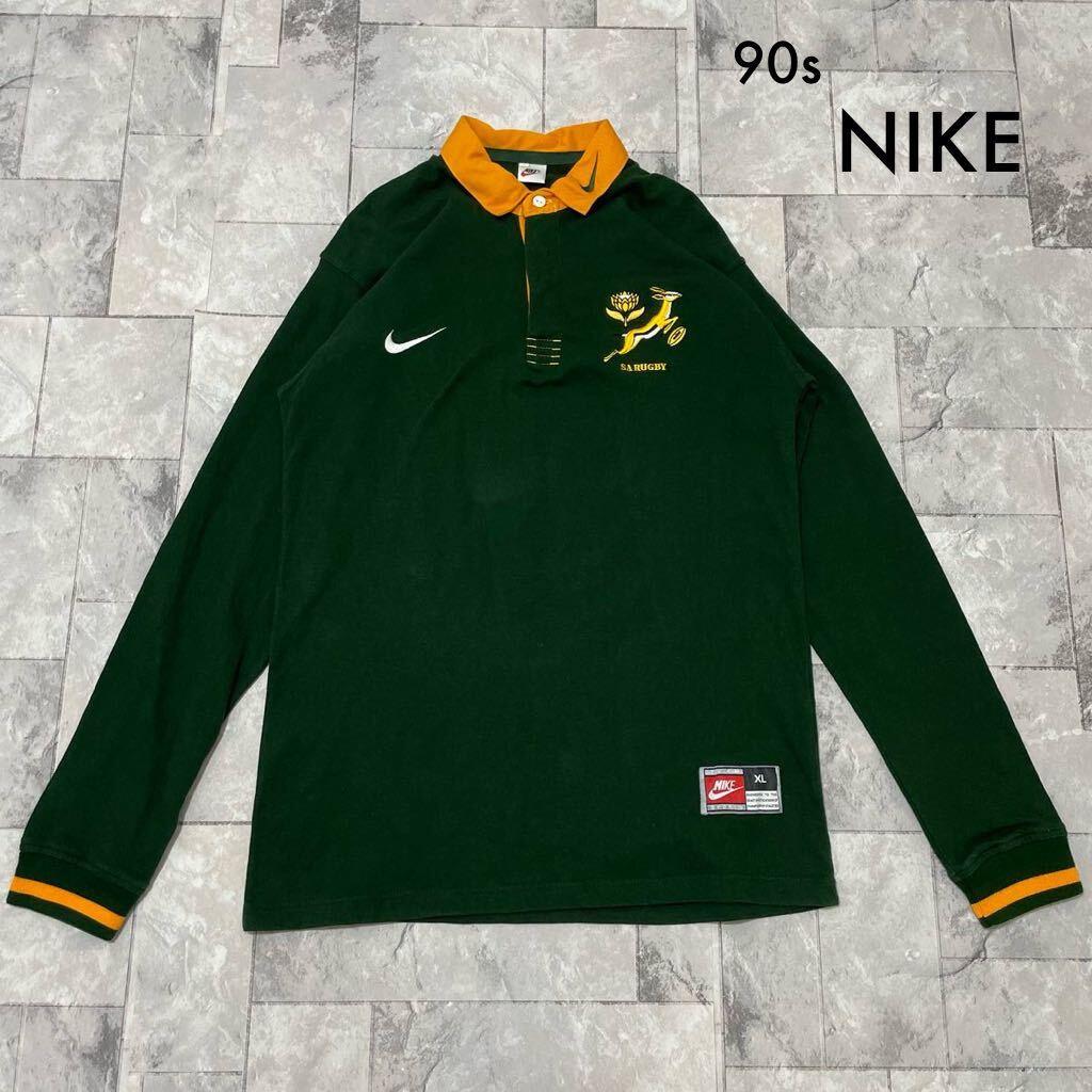 90s NIKE ラガーシャツ 長袖 刺繍ロゴ 南アフリカ代表 銀タグ ラグビー
