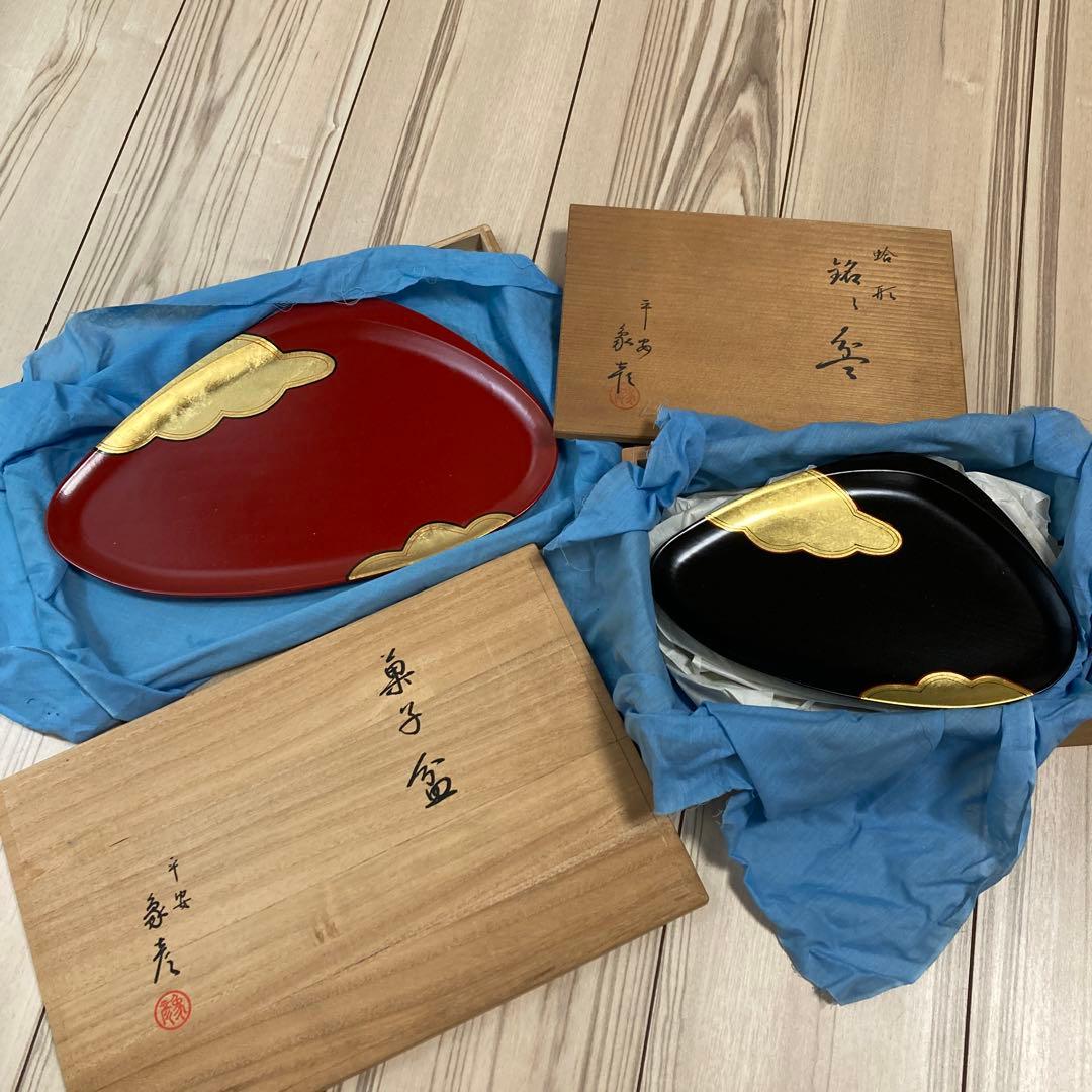 【未使用品】象彦　源氏雲　蛤型　銘々皿　菓子盆　金彩　京都平安　黒5枚　赤１枚
