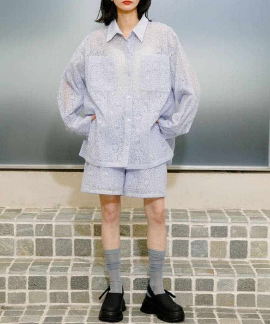 KBF シアーエンブロイダリーハーフパンツ ライトブルー