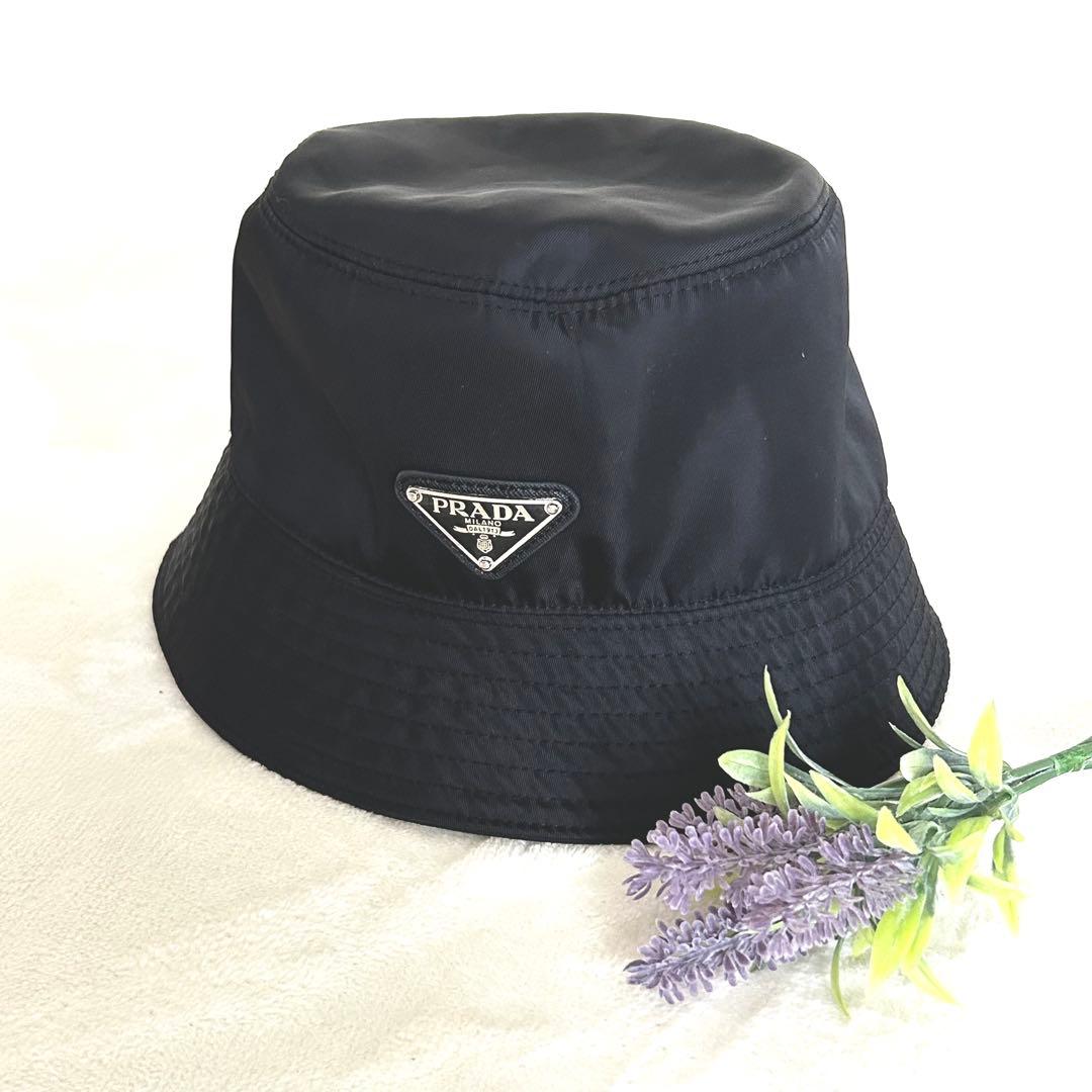 美品 PRADA プラダ バケットハット ロゴ トライアングル ブラックM