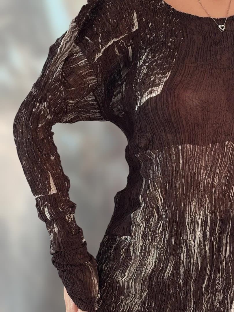 [希少] ISSEY MIYAKE しわプリーツ マーブルブラウントップス