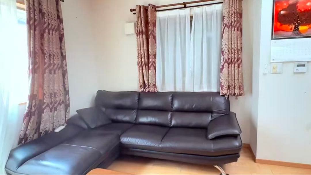 ニトリソファー　本革　L字カウチソファ／レザー調 ダークブラウン　コナーソファー